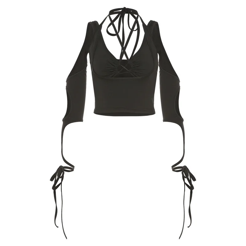 

Sexy Black Hollow Out Tank Tops Summer Long Sleeve Bandage Hanging Neck Navel T-shirt Women Off Shoulder High Street Party Tee