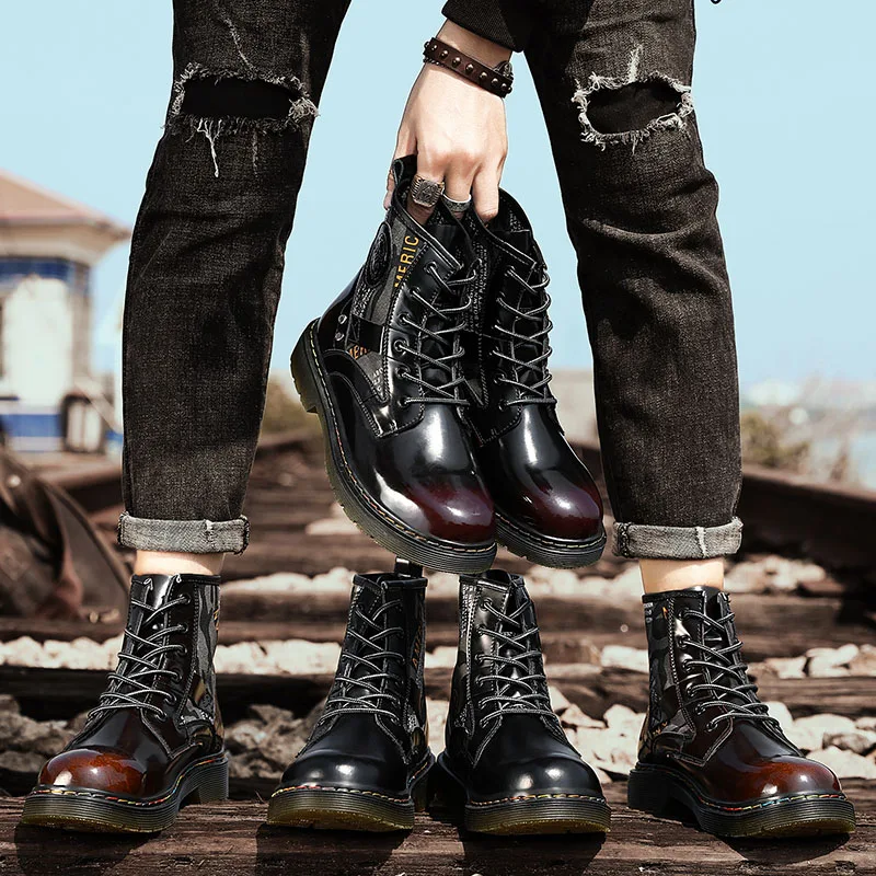 Мужские ботинки с высоким берцем коричневые ботильоны из блестящей черной кожи