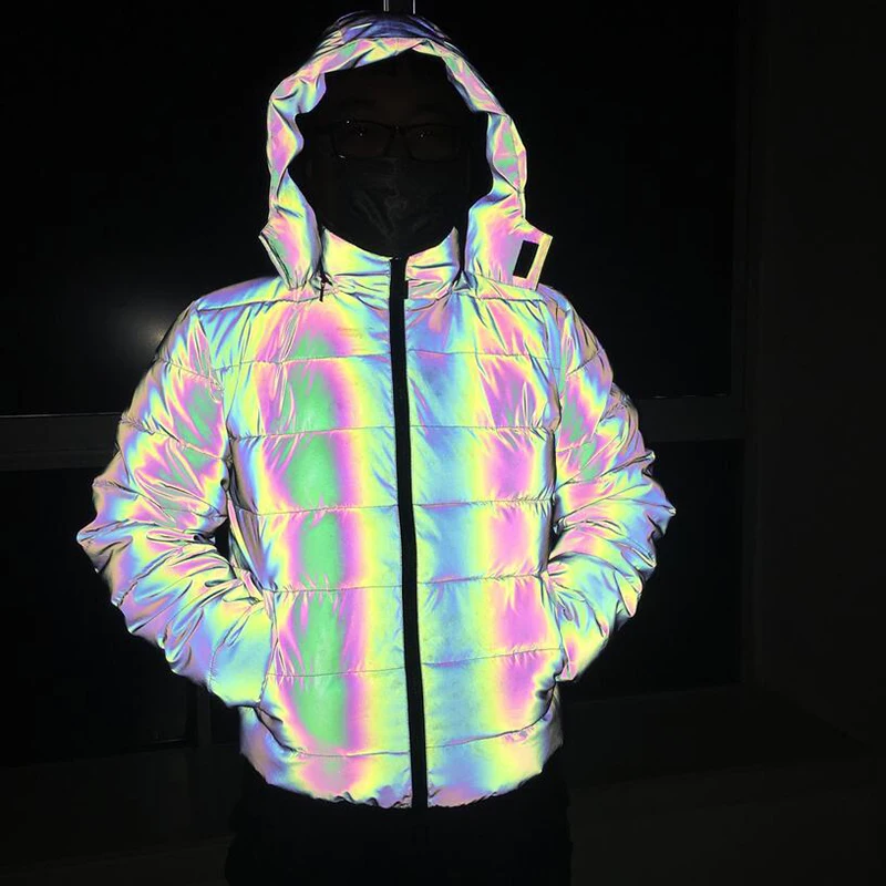 2021 Harajuku Down Jackets Men Rainbow Reflective Padded Zipper Coat Streetwear Hip Hop Fashion Winter Outwear Windbreaker Tops