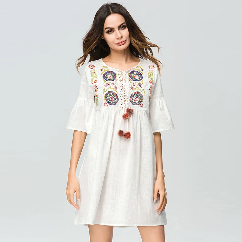 Dubai Turkey Embroidered Cotton And Linen Skirt Muslim Trumpet Sleeve Women's Clothing Islamic Morrocan Kimono Arab Middle East |