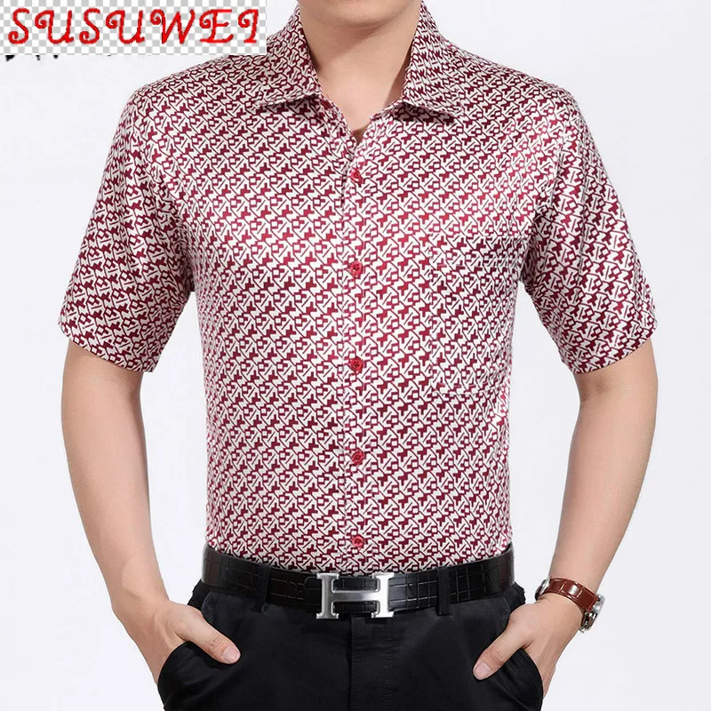 

SUSUWEI Men Shirts Real Silk Shirt 2021 New Short Single Breasted Casual Shirts men autumn printing shirt 3036 PWX05