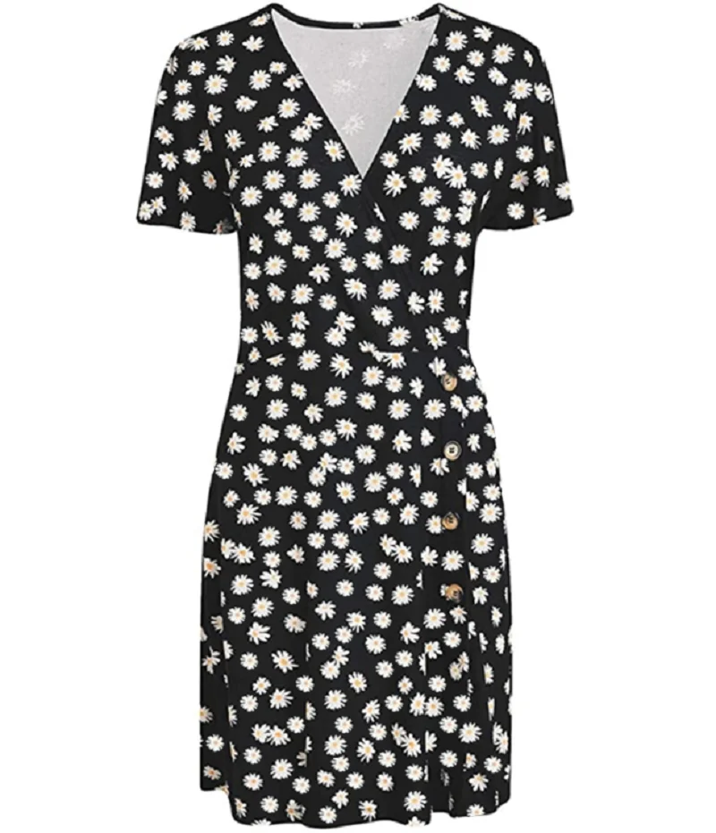 

Women V-neck Daisy Print Dress, Summer Fashion Short Sleeve Dress for Shopping Daily Wear