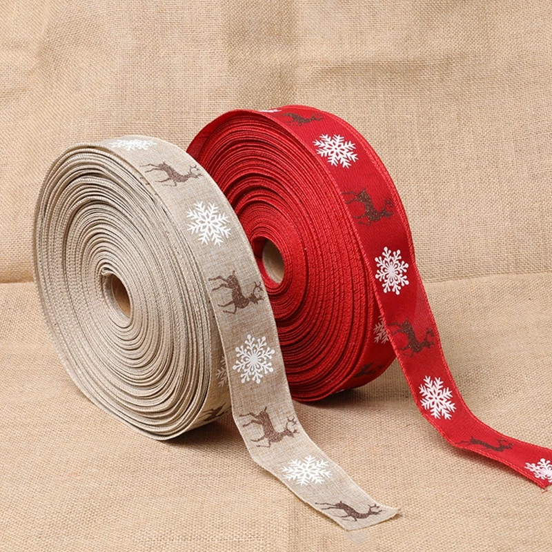 

10 Rolls 5cm Wide Christmas Burlap Ribbon with Glitter Elk Snowflake Printed for DIY Crafts Bow Gift Wrapping Tree Decor