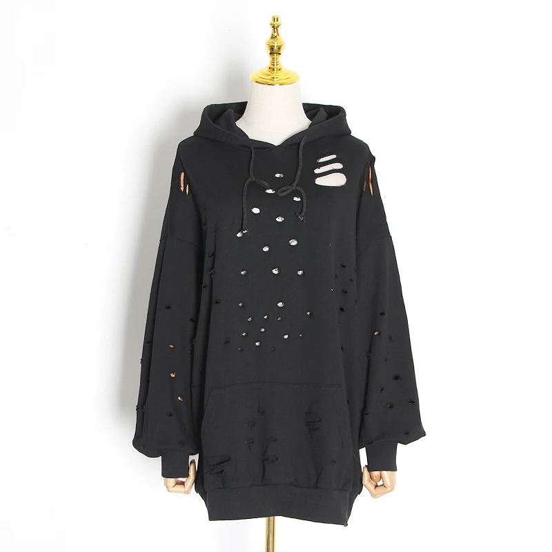 

GALCAUR Hole Sweatshirt For Women Hooded Collar Long Sleeve Lace Up Pockets Oversized Streetwear Sweatshirts Female 2020 Clothes