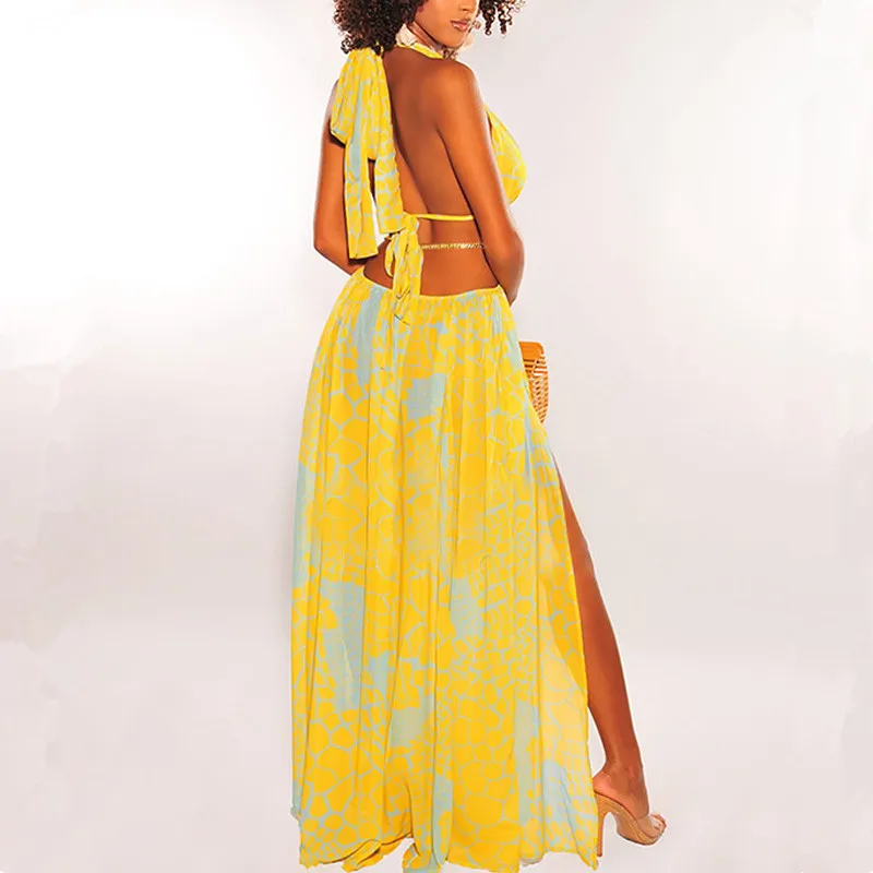 

New Fashion Halter Printed Maxi Dress 2021 Summer Vacation Holiday Beachwear Woman Sexy Hollow Out Bandage Chain Dresses