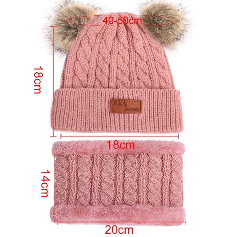 

Children's Double Fur Ball Suit Knitted Hat Bib Cute Hat Girls Boys Winter New Plus Cashmere Warmth Suitable for 1-12 Years Old