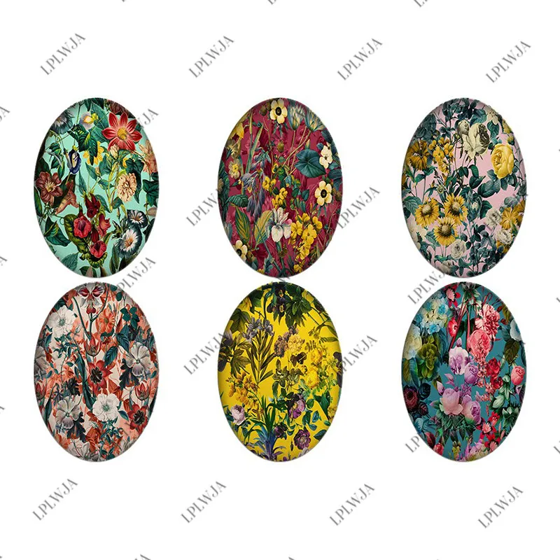 

LPLWJA Retro Floral Pattern Summer Flowers Leaf Oval Shape Glass Cabochon Photo Flatback Beads Demo Flat Back Making Findings