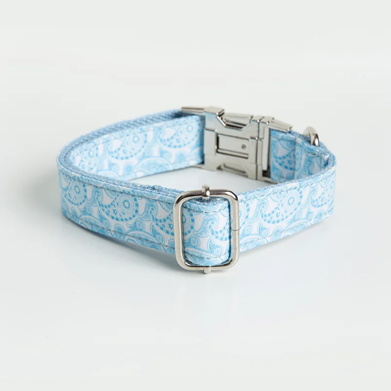 Personalized Blue Paisley Dog Collar Leash With Bow Tie Set Free Engraved Nameplate For Small Medium Large | Дом и сад