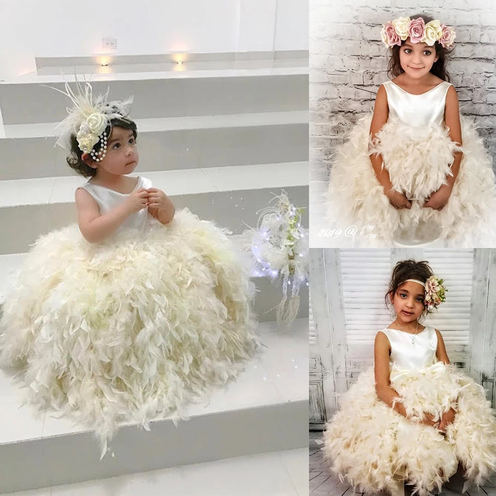 

Luxury Lovely Flower Girls Dresses for Wedding O Neck Full Feather Puffy Ball Gown Girl Pageant Gowns