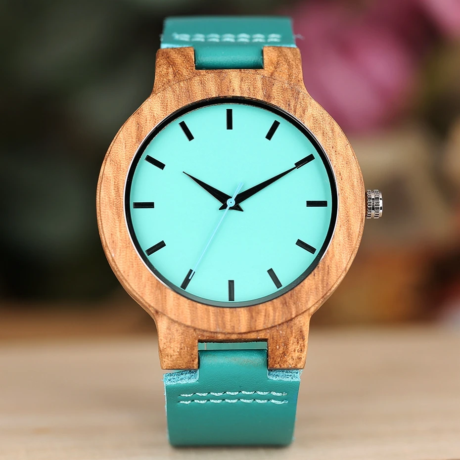 

Turquoise Blue Wood Watch Men Fashion Wooden Quartz Analog Wristwatch Blue Leather Lovers Great Gifts Timepieces Clock Relogios