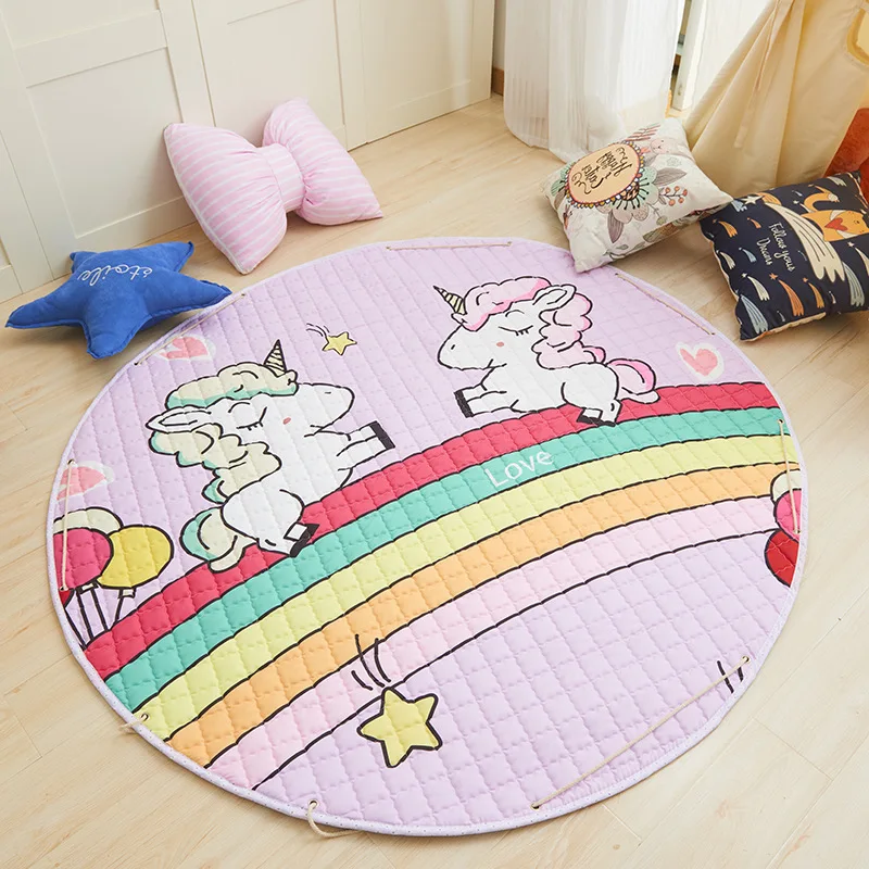 

Kawaii Unicorn Round Rugs Baby Play Mat Toys Storage Organize Nursery Polyester Anti-slip Cartoon Animal Baby Floor Mat