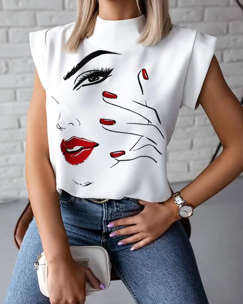 

2021 Summer Simple Stand Collar Lip Print Ladies Shirt Top Women Short Sexy Club T-shirt Casual Women Top Female Clothing