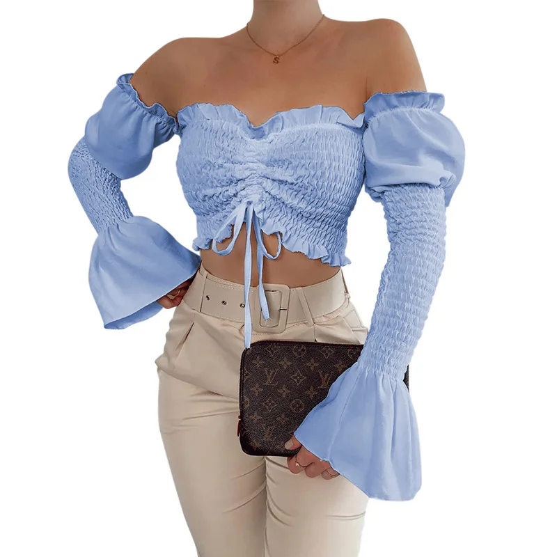

Spring/Summer Short Jacket Drawstring Shirt Sky Blue Girl Lace Sexy Word Shoulder Navel Fold Short Lotus Leaf Long Sleeve Jacket