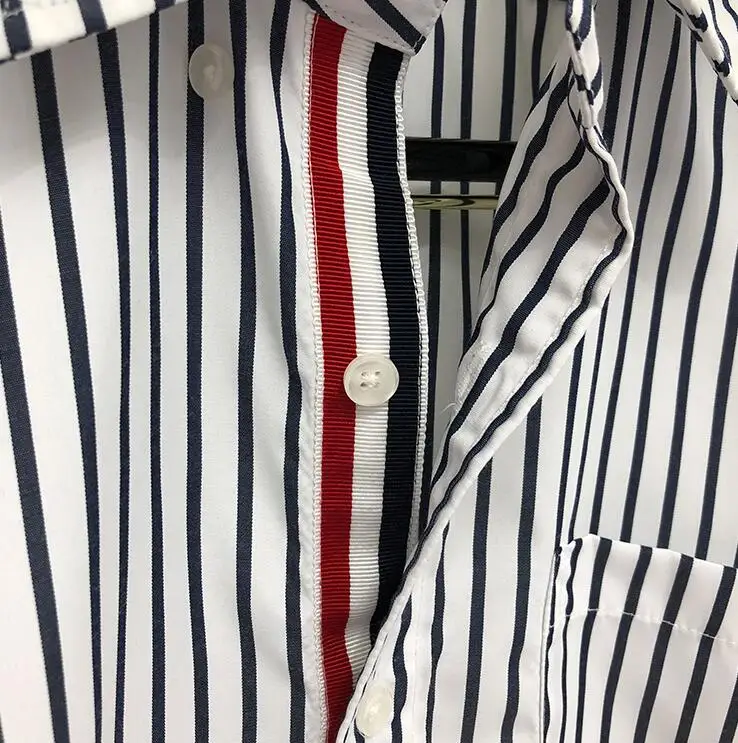 

TB THOM BULUO Brand Shirts Men Slim White Black Striped Long Sleeve Casual TB Shirt Turn Down Collar Oxford Men's Clothing