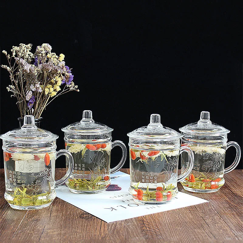 

Teacup Glass Household Thickening Heat-resistant Crack-proof Men and Women Carved Glass Cup Office Cup Large Capacity with Lid