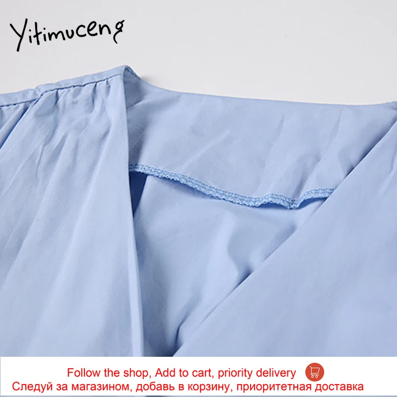 

Yitimuceng Midi Dresses Women Summer Lace Up Puff Sleeve High Waist White Blue 2021 Korean Fashion New Simple Style Sundress