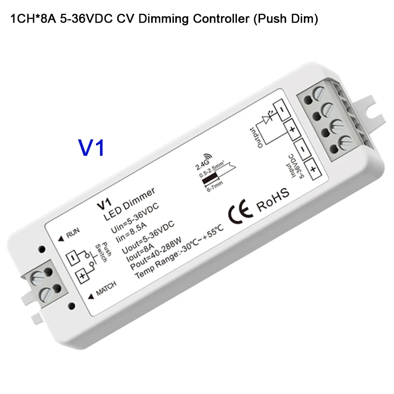 

DC5V 12V 24V 36V 2.4G single color RF Push Dim Dimming led Controller 1CH*8A dimmer V1 receiver for single color led strip light
