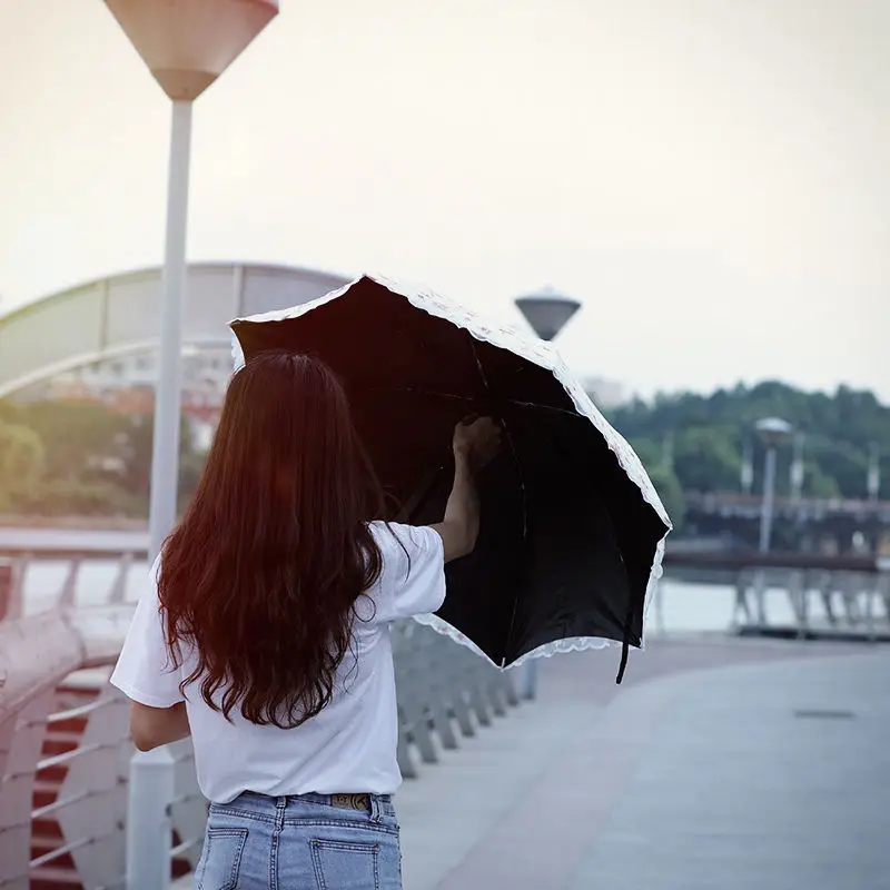 

Double layer Lace Umbrella Korean version Princess umbrella sunscreen anti ultraviolet sun umbrella female three fold black glue