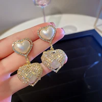 korean luxury rose flower rhinestone double pearl heart dangle earrings for women party wedding pendientes
