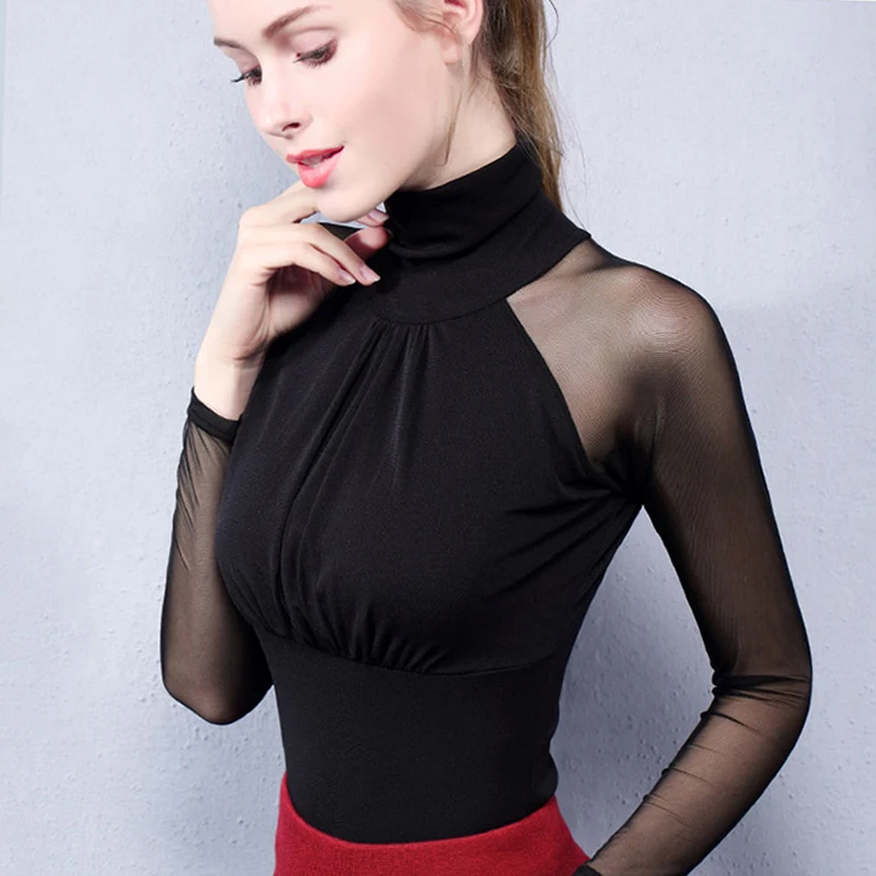 

Autumn New Latin Dance Shirt Long-Sleeved High-Necked Standard Ballroom Cha Cha Dance Practice Clothes Slim Mesh Tops DWY2100