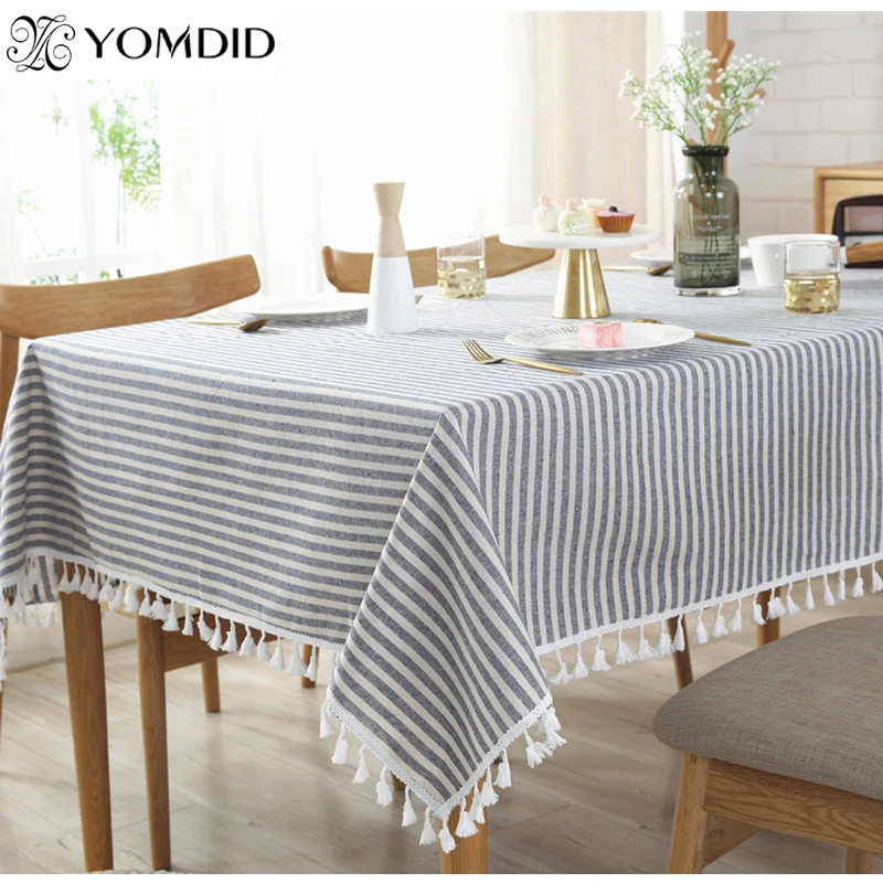 

Rectangle Tablecloth Stripe Color Table Cloth With White Tassel For Banquet Party Decoration Tablecloth Cotton Linen Table Cover