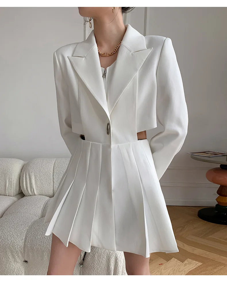 

2021 spring new waist two-piece pleated dress, light luxury design taste, long-sleeved hip-wrapped temperament slim skirt