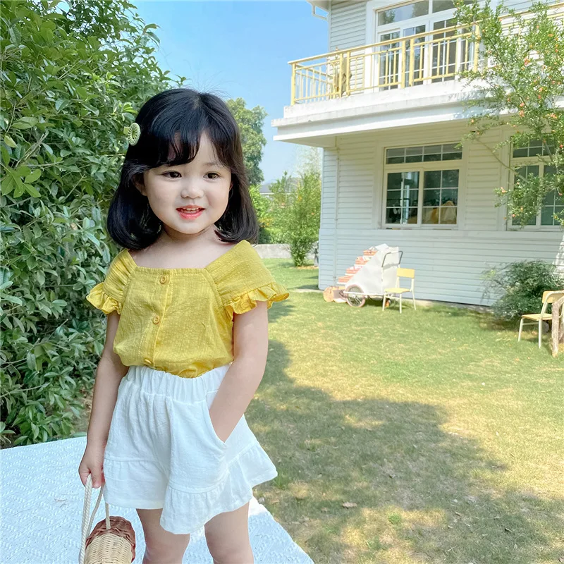 

Keelorn Girls Fashion Clothing Sets Korean Summer Kids Flying Sleeve Top And Solid Shorts Outfit Children Casual Clothing Suits