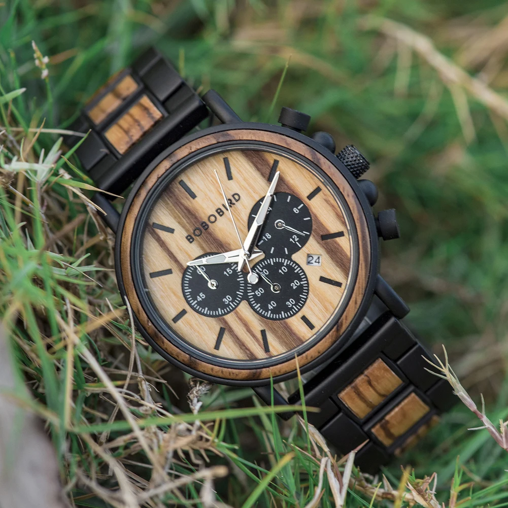 

Men Watch BOBO BIRD Top Brand Wood Metal Chronograph Quartz Movement Wristwatch Calendar Timepiece Logo Customize Christmas Gift