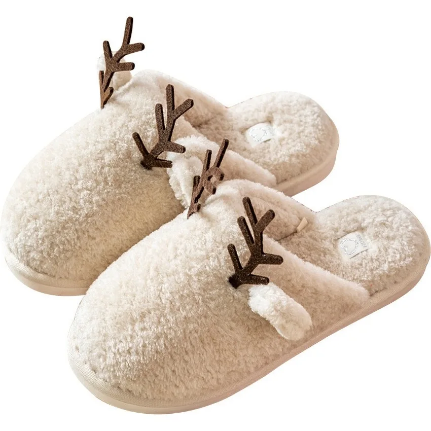 

Women Winter Shoes Short Plush Warm Home Slippers Christmas Antlers Soft Flat Sliders Indoor Bedroom Lovers Couples Scarpe Donna
