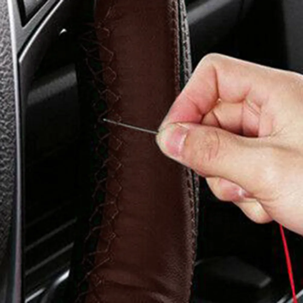 

1pcs Steering Wheel Cover Black + Coffee Genuine Leather With Needles & Thread