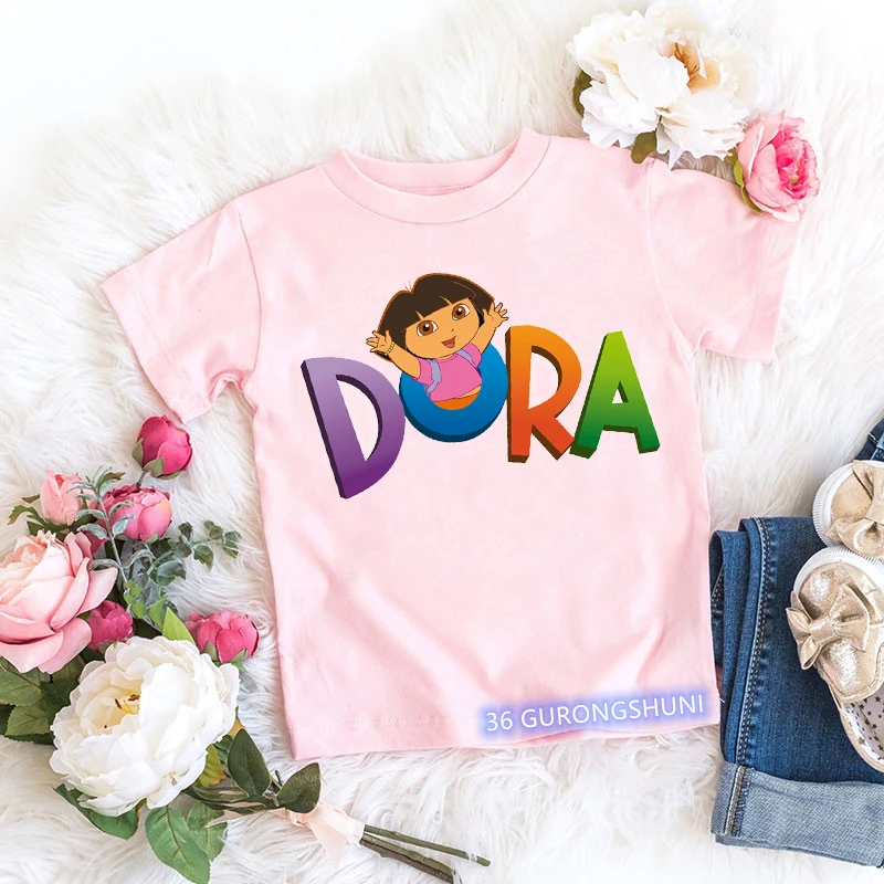 

Kawaii Girls T-Shirt Dora Explorer Cartoon Print Kids Tshirt Summer Aesthetic Girls T Shirt Pink Short-Sleeved Tops Dropshipping