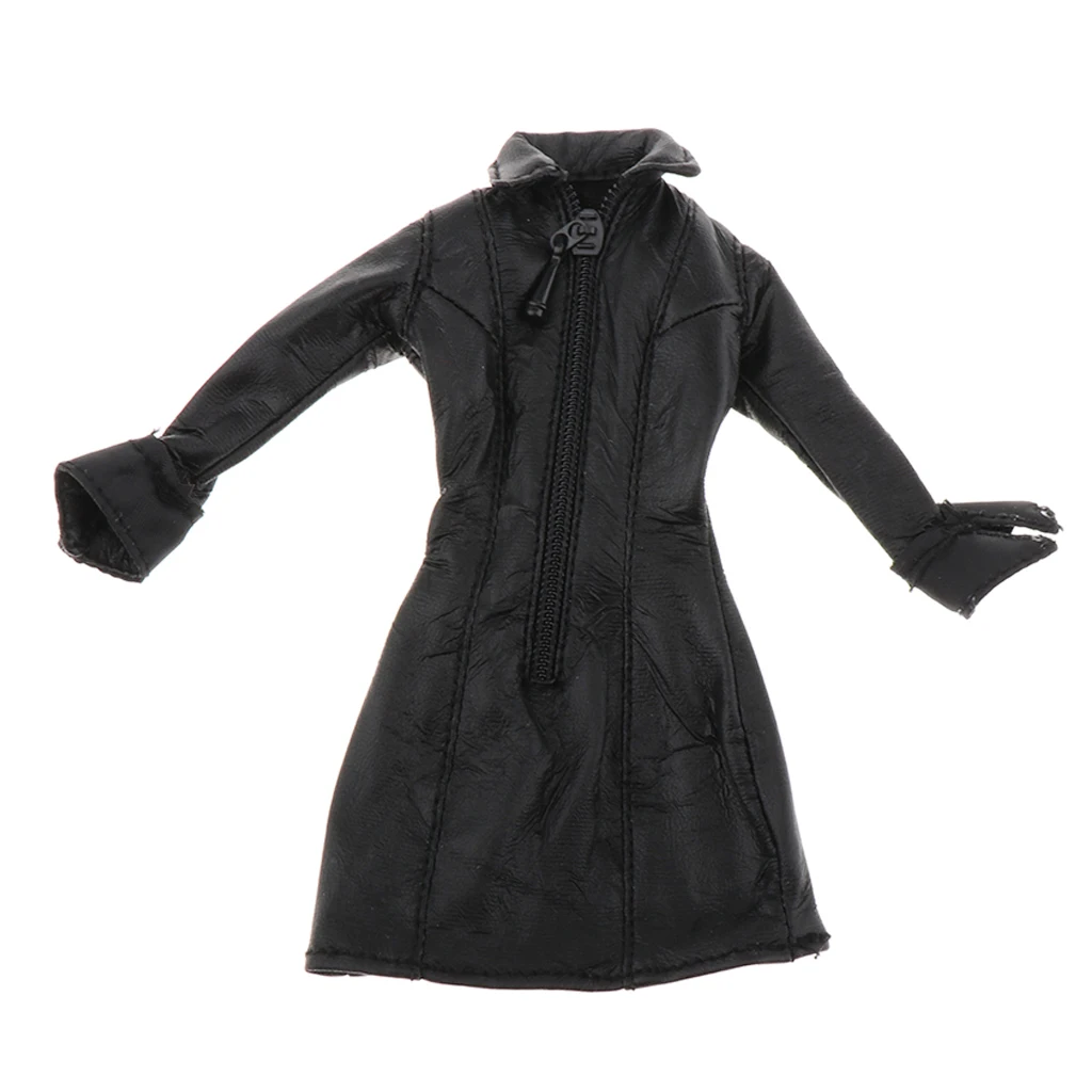 Kadın giyim 1/12 kadın siyah uzun deri ceket için 12 inç Scarlet cadı