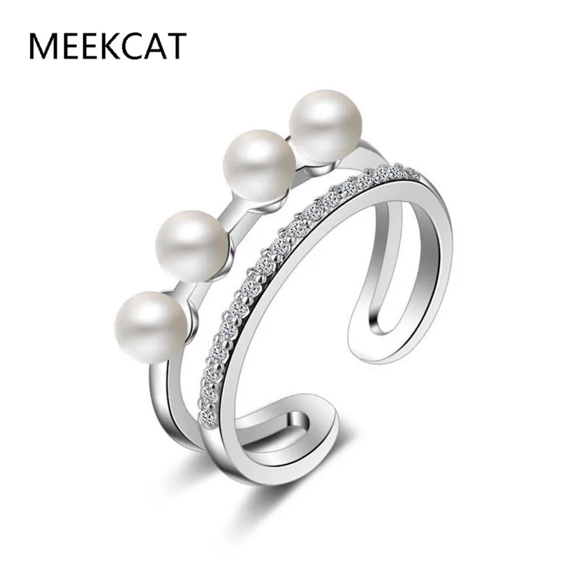 

925 Sterling Silver Hot Fashion Rings Double Layer Zirconia Pearl Love Rings For Women anillos Bague Resizable