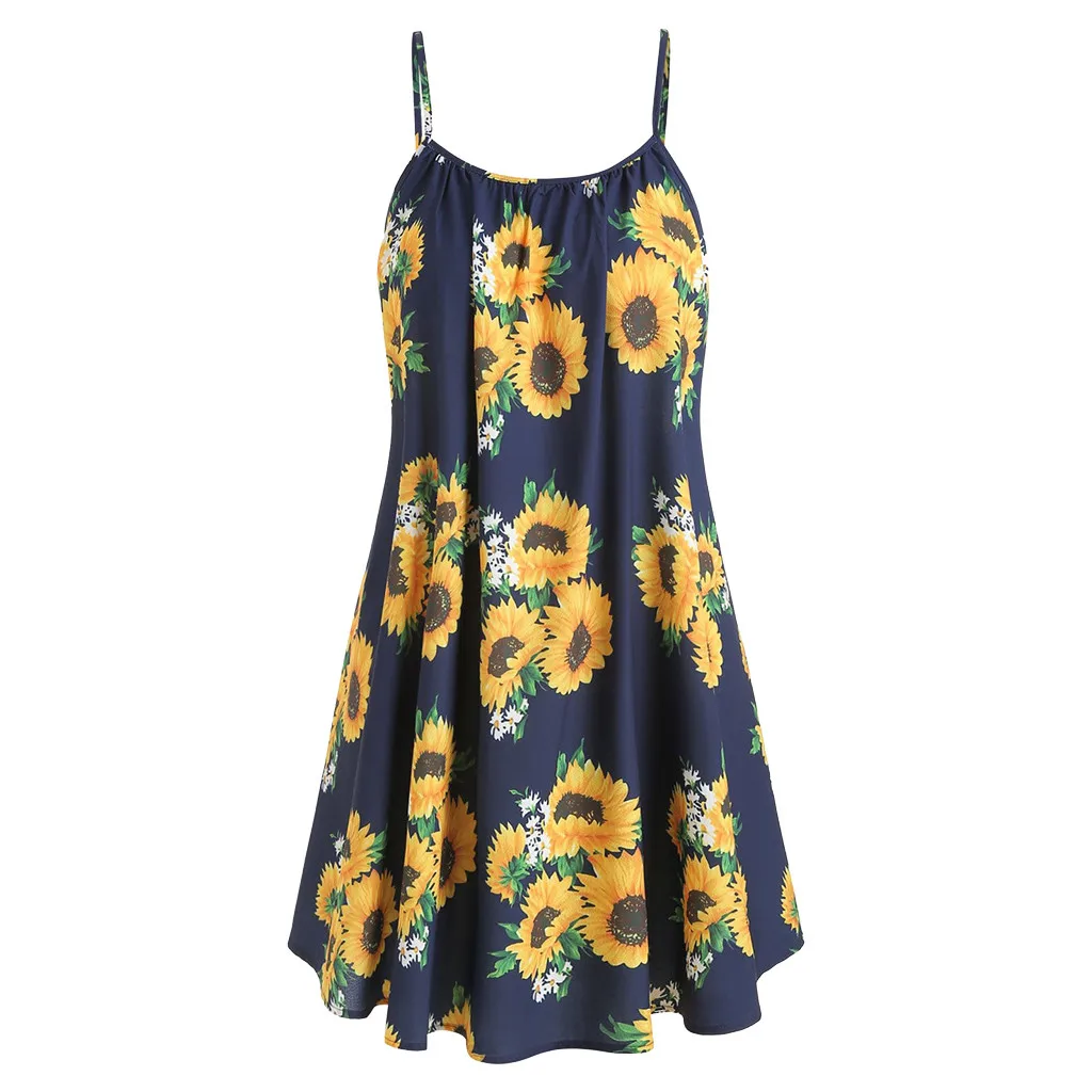 

Fashion Women Slash Neck Sleeveless Draped Sunflower Print Strap Mini Dress For Women Robe Femme 2021