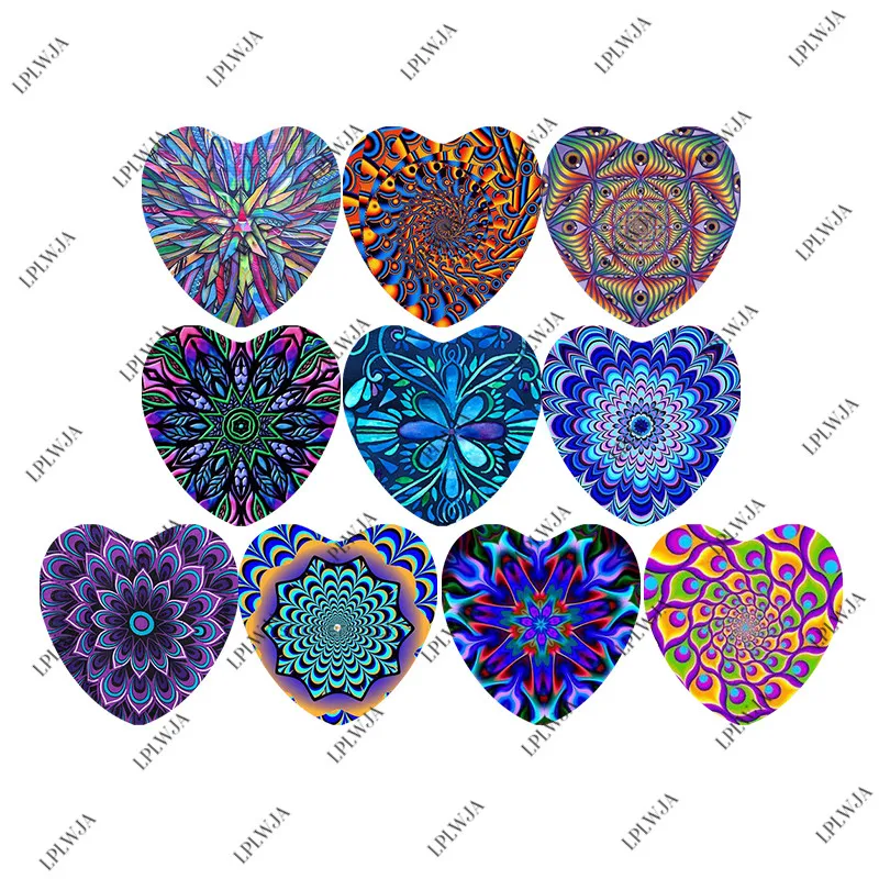 

Zdying Handmade Mixed Retro Ethnic Abstract Art Pattern Heart Shape Glass Cabochons Cover Pendant Cameo Settings Jewelry Finding