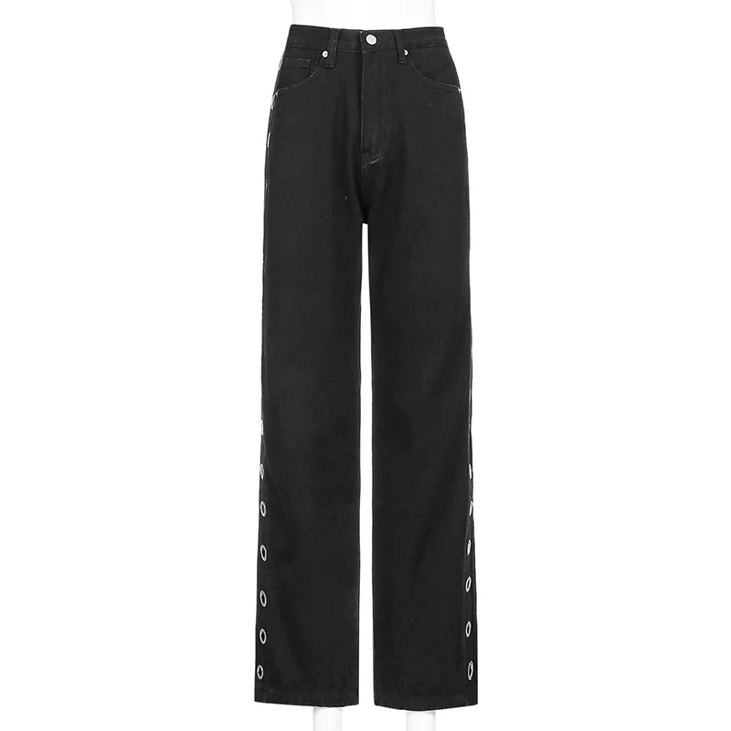 

Weekeep Vintage y2k Aesthetic Side Hole Jeans Women High Waist Korean Slim Straight Trouser Denim Pants Fashion Streetwear Jeans