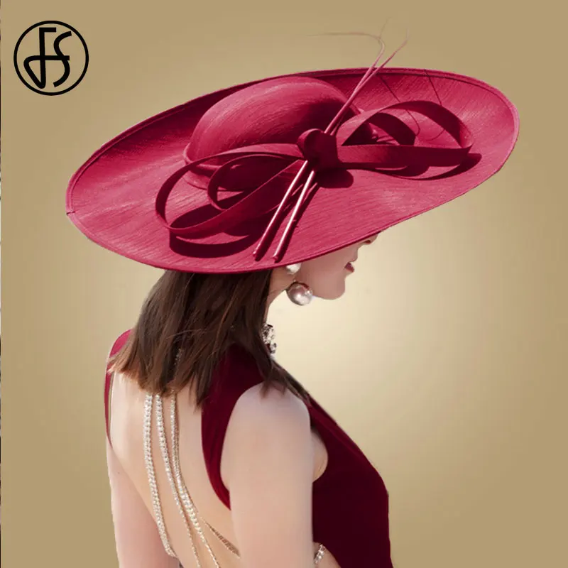 Wine Red Church Hat Женская шляпка с широкими полями FS, шляпка из соломки для церкви и торжественных случаев, ярко-красного цвета, на лето - Цвет: Wine Red Church Hat
