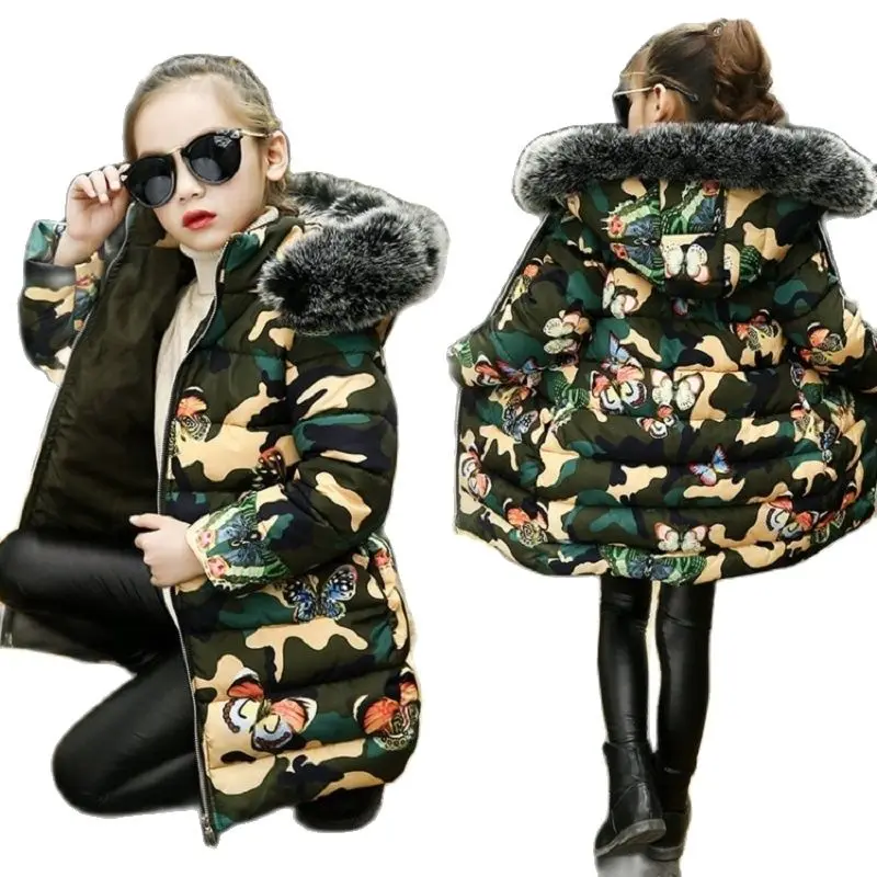 Зимняя длинная куртка с рисунком для маленьких девочек Детские теплые плотные