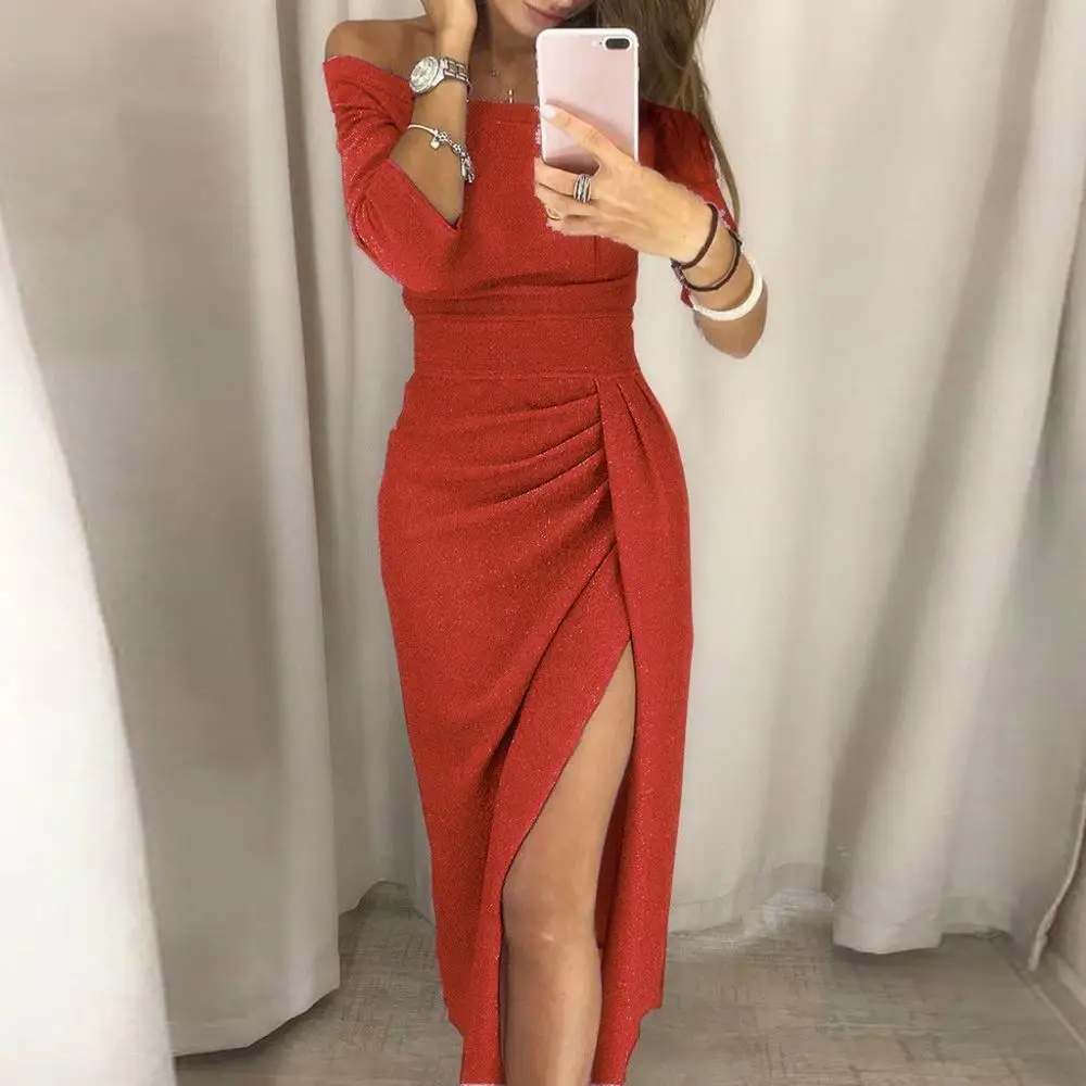 Dress Women Christmas Party Ladies Bag Hip Split Off Shoulder Sexy Long Bodycon Bright Crystal Dinner Vestidos | Женская одежда