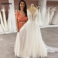 loverkissy elegant lace appliqued tulle wedding dresses deep v neck modern ivory beach bridal gowns boho princess party dresses