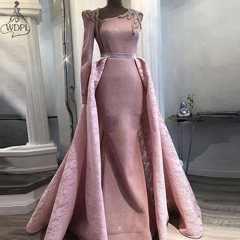 

Robe de soiree Saudi Arabia Mermaid Evening Dress with Detachable Skirt Long Sleeve One Shoulder Prom Dresses Arabic Formal Gown