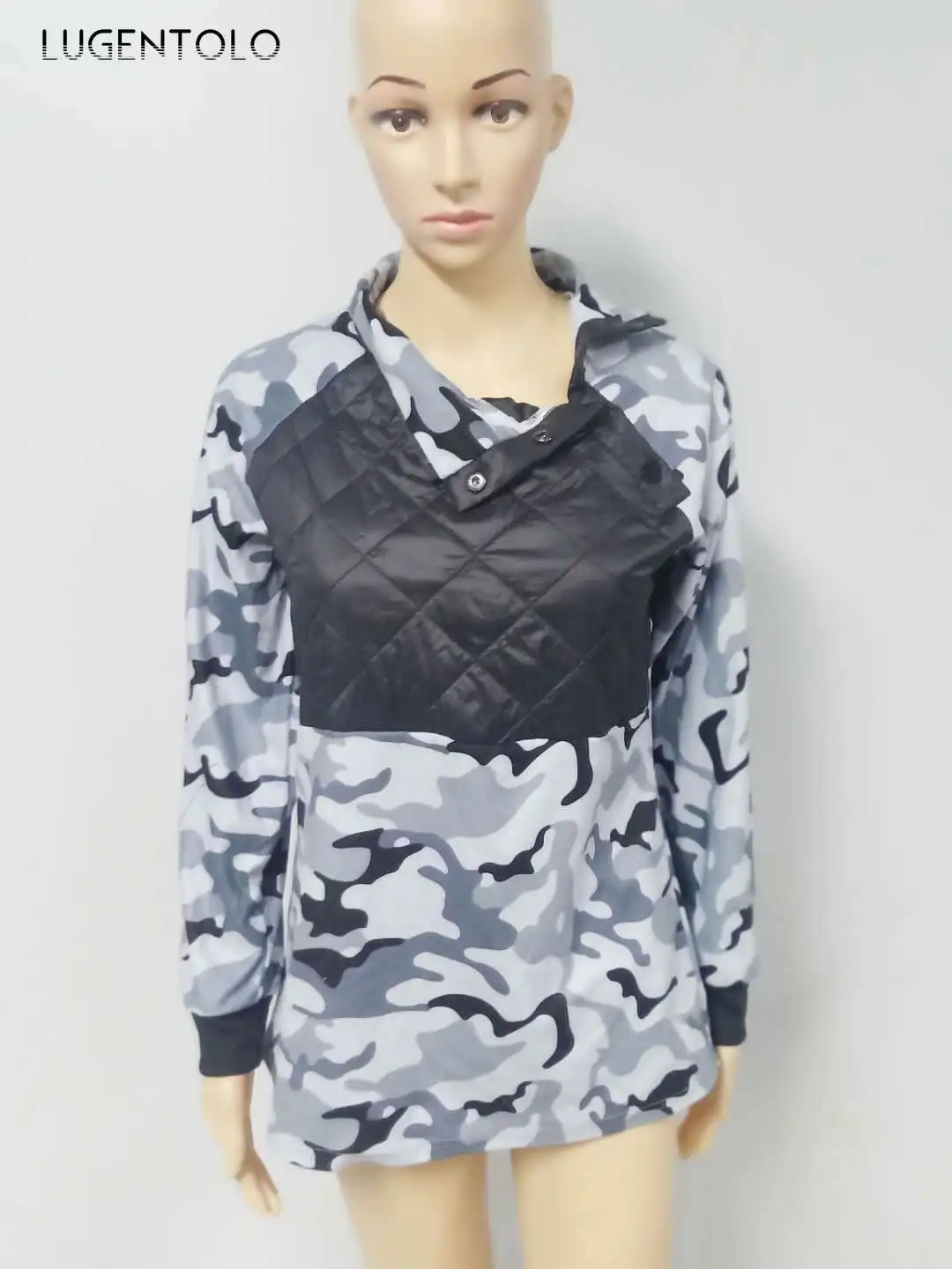 

Lugentolo Women Sweatshirt Autumn Tops Stitching Leopard Camouflage Printed Top Long-sleeved Female Casual Sweatshirt