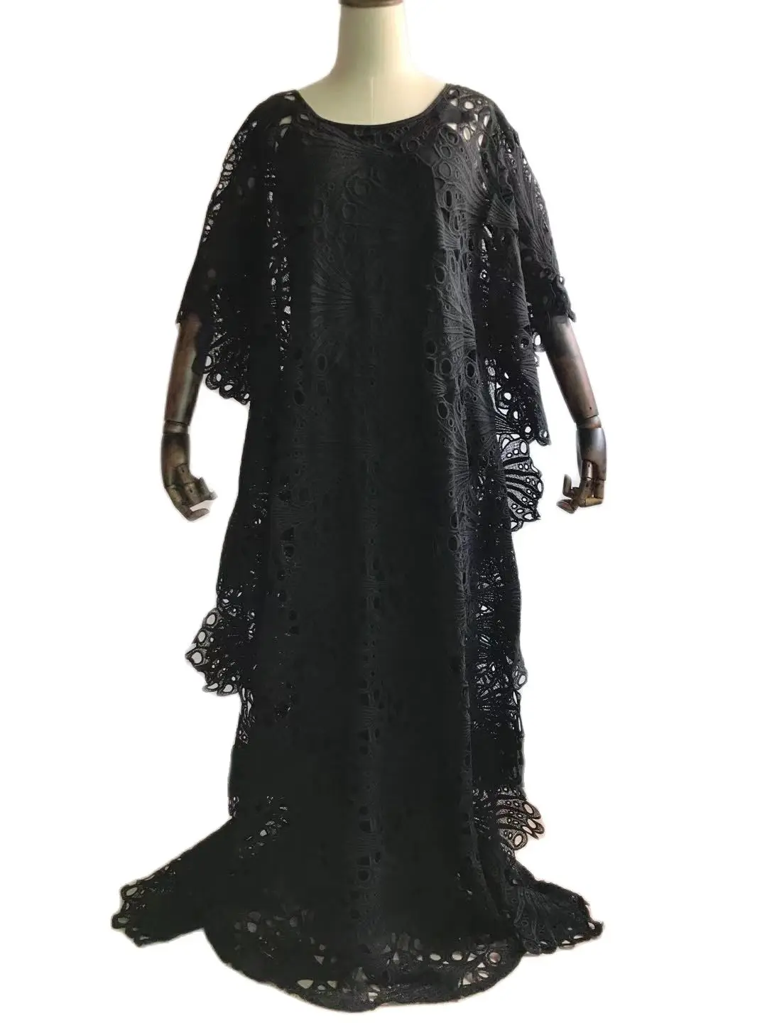 

New African Women's Guipure Cord Black Lace Abaya Stylish Dashiki Loose Long Dresses + Inside 2-Piece Free Size Gown Bat Sleeve