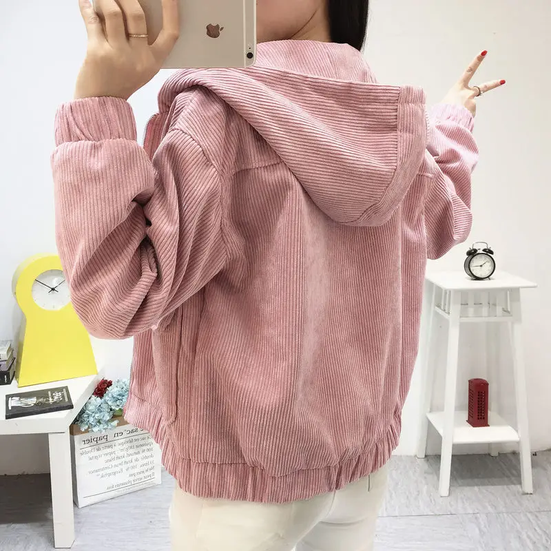 

New Women Corduroy Fabric Jacket Autumn And Winter hooded Short Coat