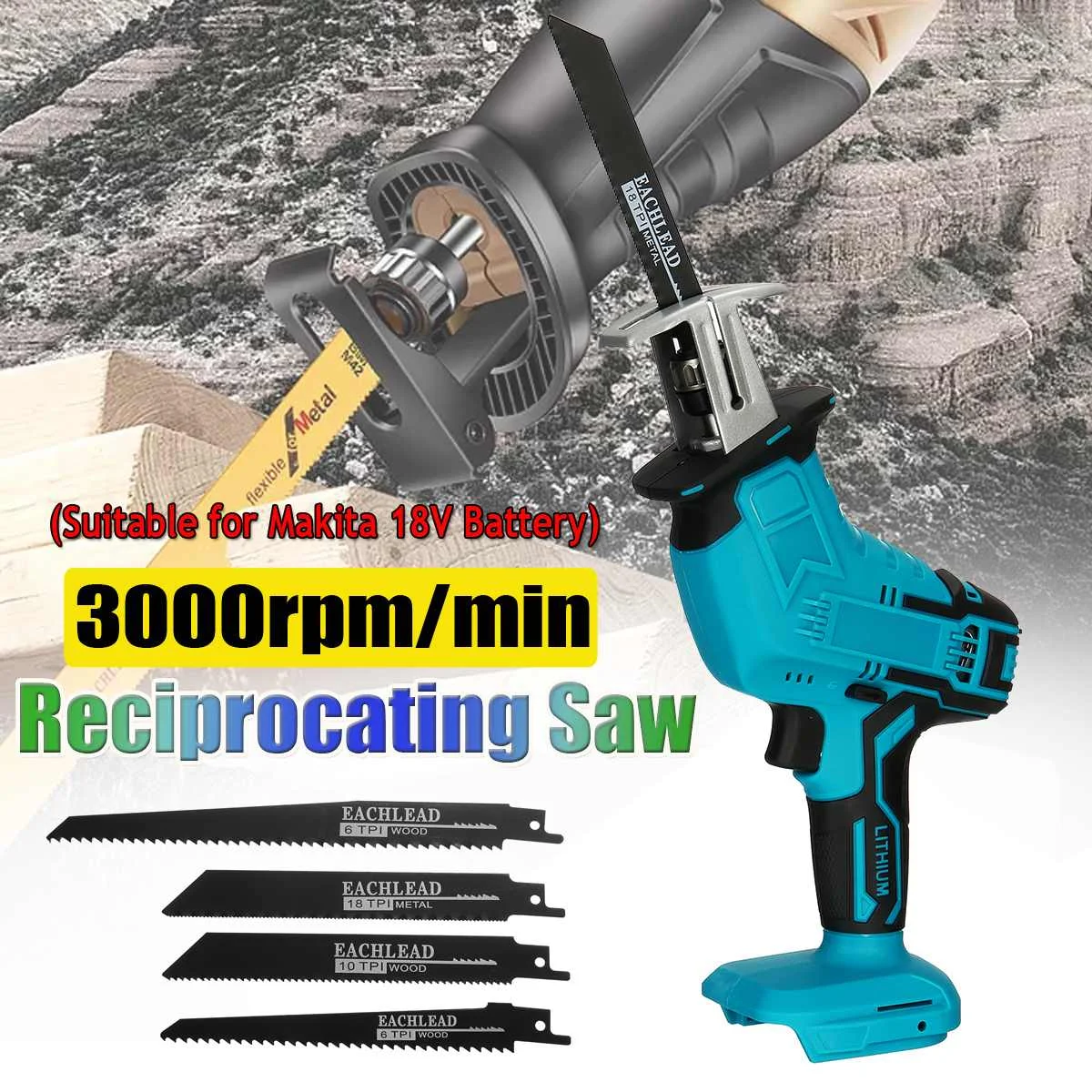 

88VF Cordless Reciprocating Saw Electric Metal Wood Cutting Tool Adjustable Speed With 4 Blades & None/1/2 Battery For Makita