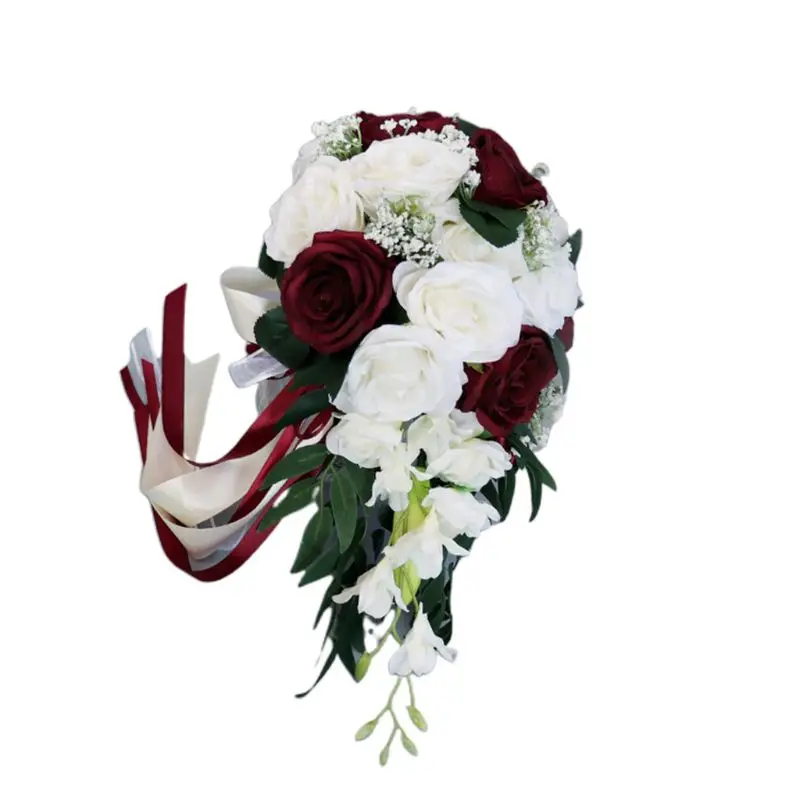 

Teardrop Romantic Wedding Bridal Long Bouquet Artificial Rose Flowers with Ribbons Waterfall Flowers Bunch DIY Party Decoration