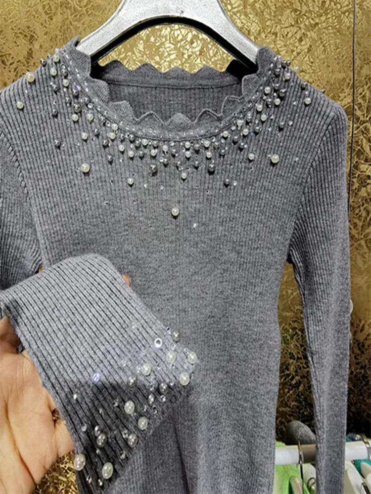 Свитер женский осенне-зимний блестящий с жемчужной отделкой | Женская одежда