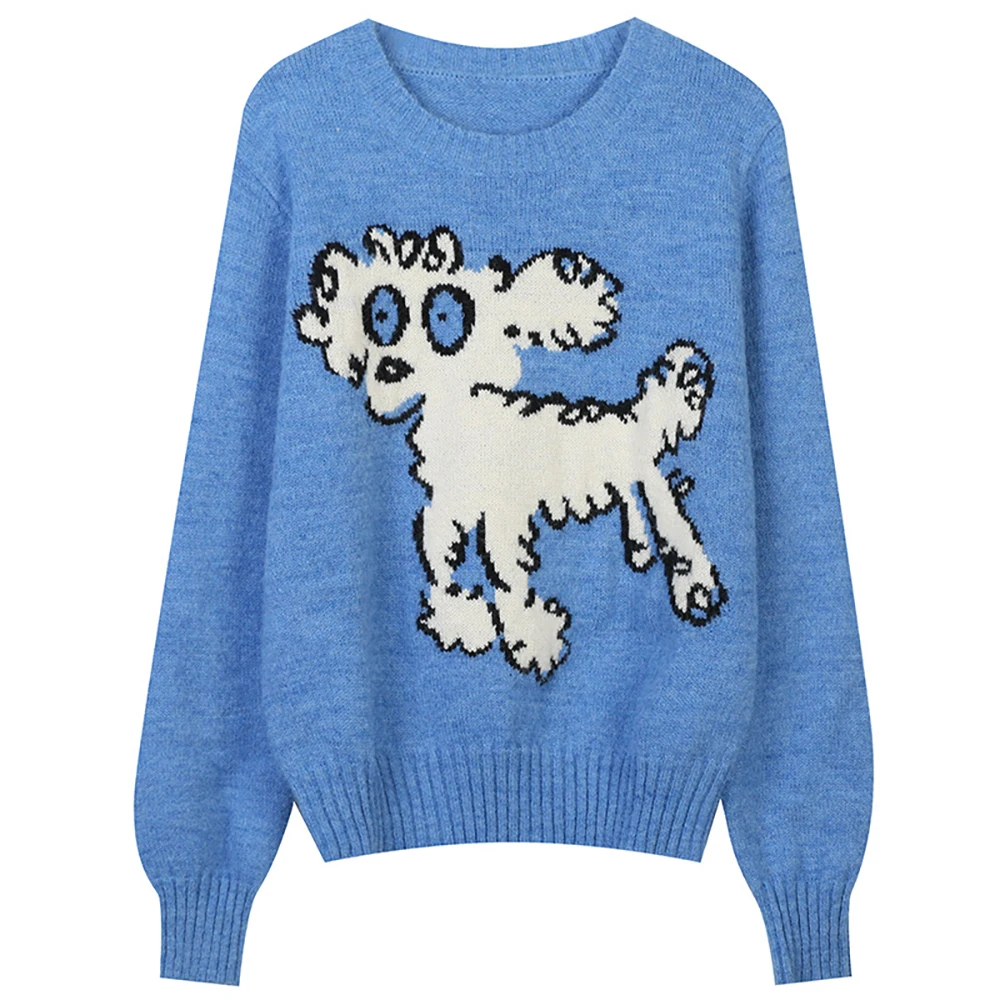 

Женский трикотажный пуловер, Свободный теплый пуловер контрастных цветов с круглым вырезом и длинным рукавом, с вышивкой в виде собаки, Осе...