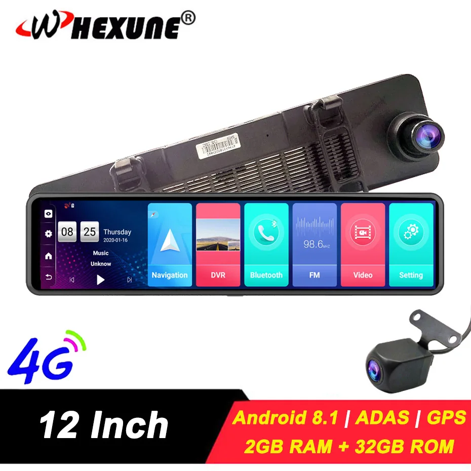 Видеорегистратор зеркало заднего вида WHEXUNE 12 дюймов 4G GPS навигация 2 Гб ОЗУ + 32 ПЗУ