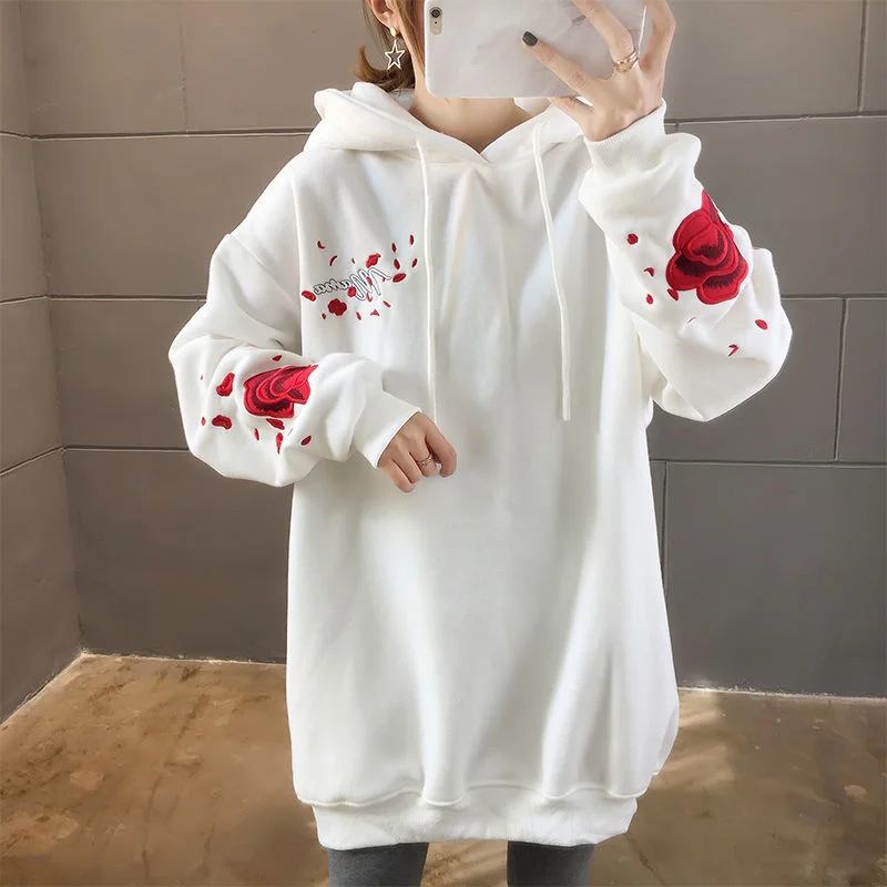 

2021 New Women HoodedHarajuku Casual Long Sleeve Flowers Printed Korean Style Harajuku Pullover Loose Streetwear Sweatshirt